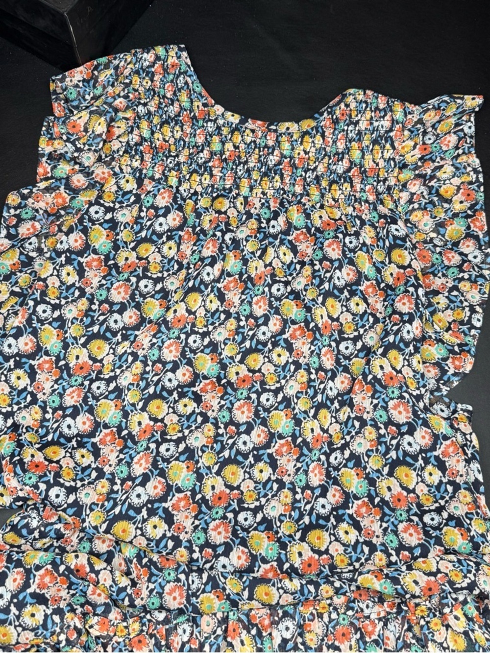 LOFT Navy Floral Blouse and skirt with Coral, Yellow & Teal Accents - Picture 3 of 5